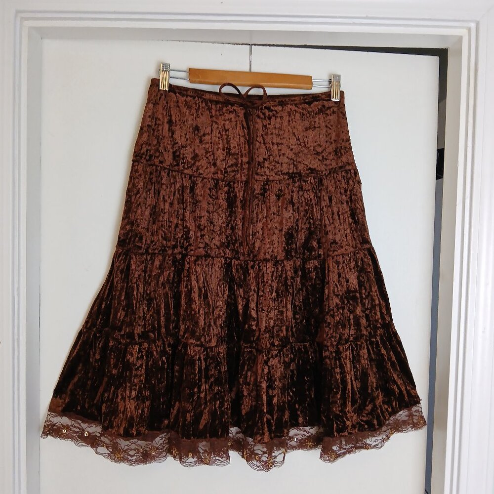 Vintage 90's Brown Crushed Velvet Tiered Midi Skirt Lace & Sequin Trim Hem Sz L